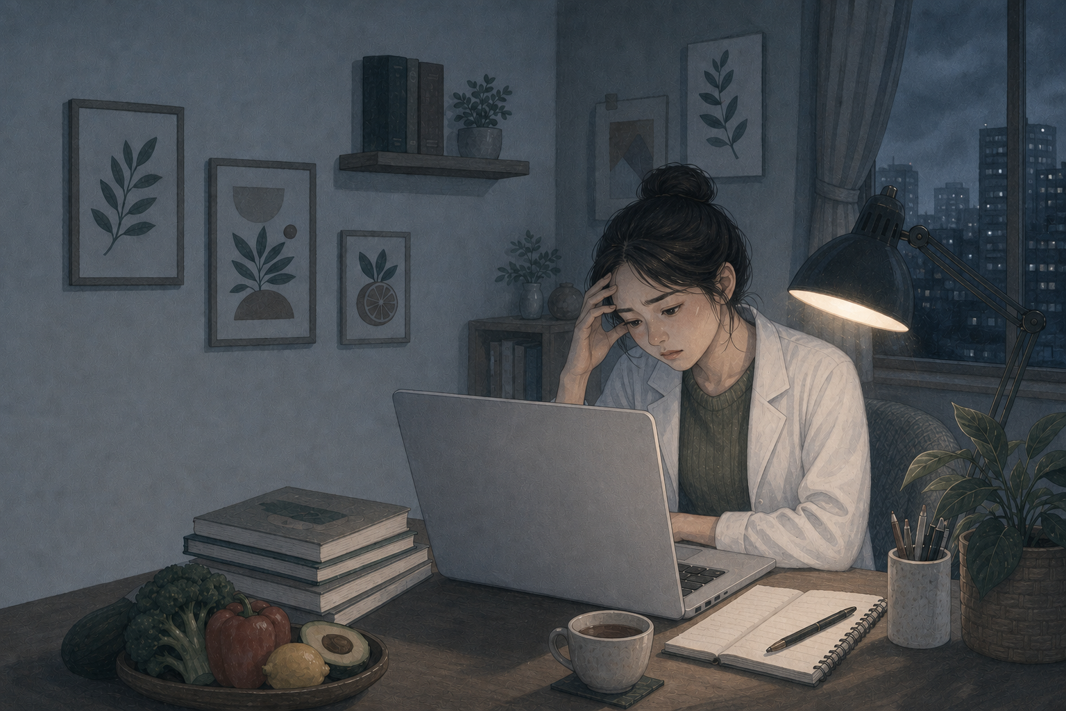 一位女性營養師努力經營社群,卻還在思考為什麼沒有穩定成果的情境插圖